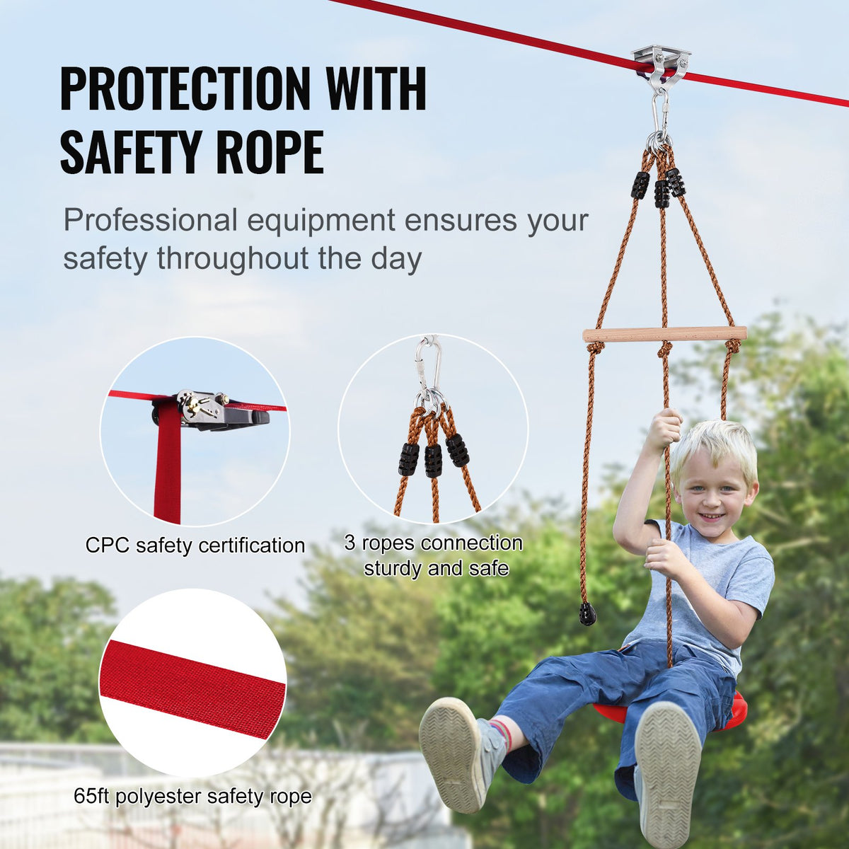 Zipline-kit för barn och vuxna, 65 fots zipline-kit upp till 500 lb, snabb uppsättning av zipline för bakgård och utomhusbruk, lekplatsunderhållning med zipline, säkerhetssele i nylon, säte och styre