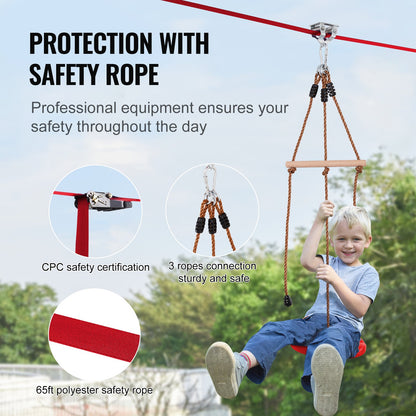 Zipline-kit för barn och vuxna, 65 fots zipline-kit upp till 500 lb, snabb uppsättning av zipline för bakgård och utomhusbruk, lekplatsunderhållning med zipline, säkerhetssele i nylon, säte och styre