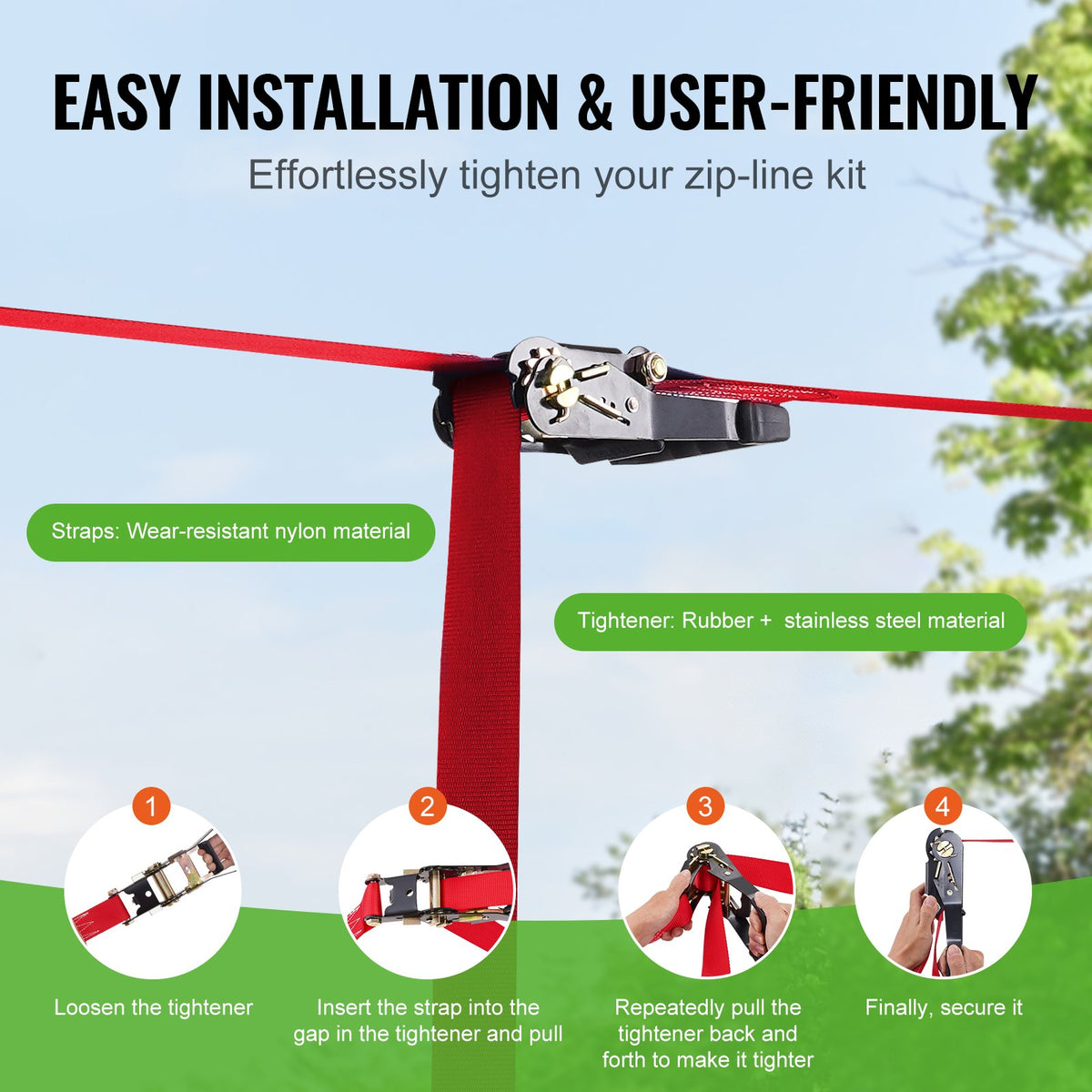 Zipline-kit för barn och vuxna, 65 fots zipline-kit upp till 500 lb, snabb uppsättning av zipline för bakgård och utomhusbruk, lekplatsunderhållning med zipline, säkerhetssele i nylon, säte och styre