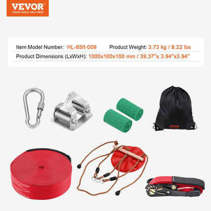 Zipline-kit för barn och vuxna, 65 fots zipline-kit upp till 500 lb, snabb uppsättning av zipline för bakgård och utomhusbruk, lekplatsunderhållning med zipline, säkerhetssele i nylon, säte och styre