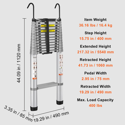 Teleskopisk stege i aluminium, förlängningssteg 563,9 cm, mångsidig, bärbar