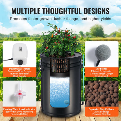 DWC Hydroponics Grow System, hydroponiskt odlingssystem med toppdroppskit, djupvattenkultur, 5-gallon, 2 hinkar, med luftpump, luftstenar och vattennivåanordning för bladgrönsaker