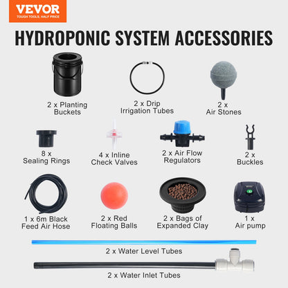 DWC Hydroponics Grow System, hydroponiskt odlingssystem med toppdroppskit, djupvattenkultur, 5-gallon, 2 hinkar, med luftpump, luftstenar och vattennivåanordning för bladgrönsaker