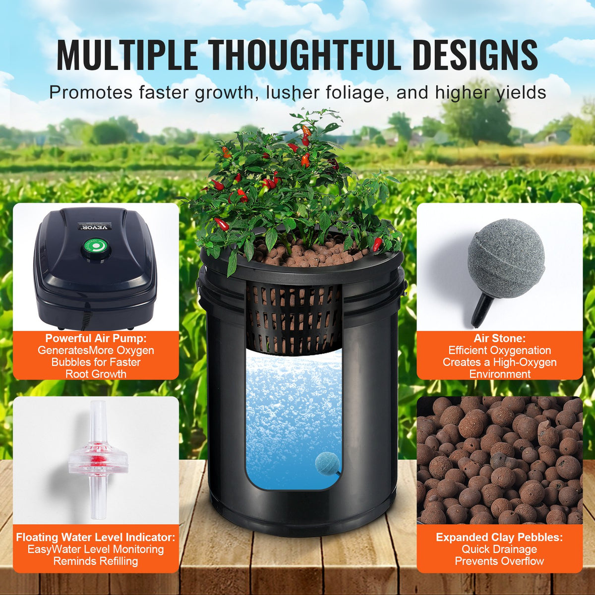 RDWC hydroponiksystem Recirkulerande djupvattenkultur 4 hinkar 18,9 l