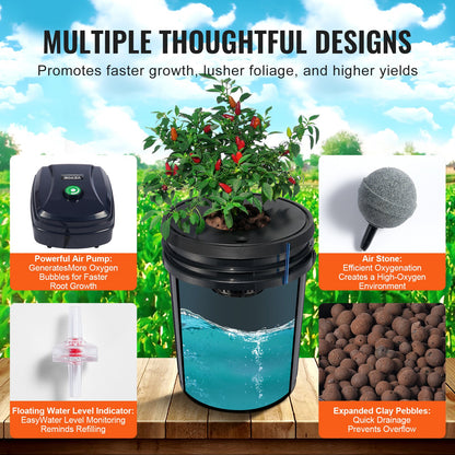 DWC hydroponiskt odlingssystem, hydroponiskt odlingssystem, djupvattenkultur, 5-gallon, 4 hinkar, DWC-system med luftpump, luftstenar och vattennivåanordning för bladgrönsaker