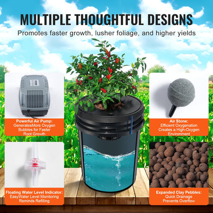 DWC hydroponiskt odlingssystem, hydroponiskt odlingssystem, djupvattenkultur, 5-gallon, 8 hinkar, DWC-system med luftpump, luftstenar och vattennivåanordning för bladgrönsaker