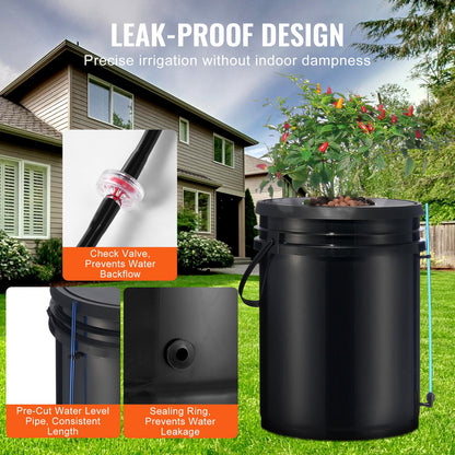 DWC hydroponiskt odlingssystem, hydroponiskt odlingssystem, djupvattenkultur, 5-gallon, 8 hinkar, DWC-system med luftpump, luftstenar och vattennivåanordning för bladgrönsaker