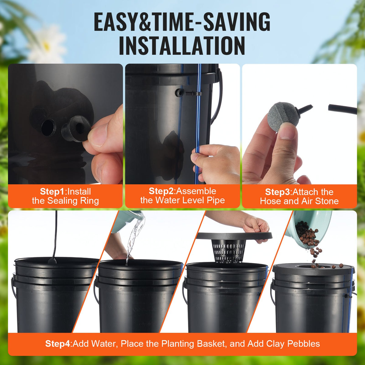 DWC hydroponiskt odlingssystem, hydroponiskt odlingssystem, djupvattenkultur, 5-gallon, 8 hinkar, DWC-system med luftpump, luftstenar och vattennivåanordning för bladgrönsaker