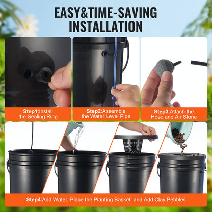 DWC hydroponiskt odlingssystem, hydroponiskt odlingssystem, djupvattenkultur, 5-gallon, 8 hinkar, DWC-system med luftpump, luftstenar och vattennivåanordning för bladgrönsaker