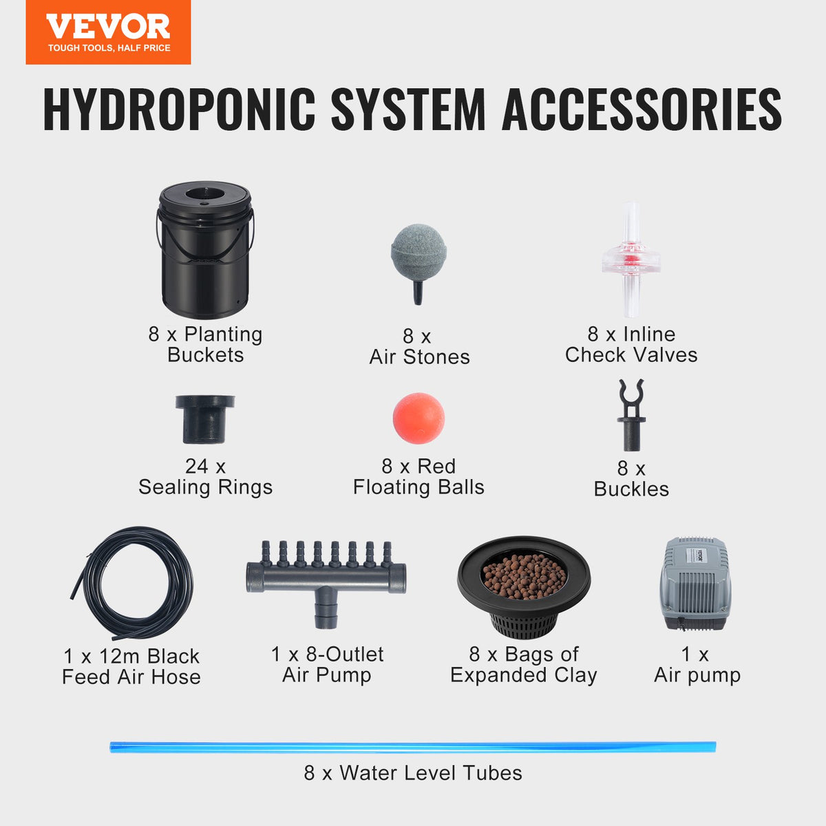 DWC hydroponiskt odlingssystem, hydroponiskt odlingssystem, djupvattenkultur, 5-gallon, 8 hinkar, DWC-system med luftpump, luftstenar och vattennivåanordning för bladgrönsaker