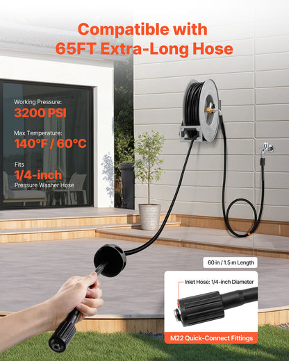 Högtryckstvättsslangvinda, 19,8 mx 6,4 mm indragbar kraftfull slangvinda i stål, 3200 PSI max, automatisk återupplindning, flexibel vägg-/golvmonterad för biltvätt, trädgård, golvrengöring