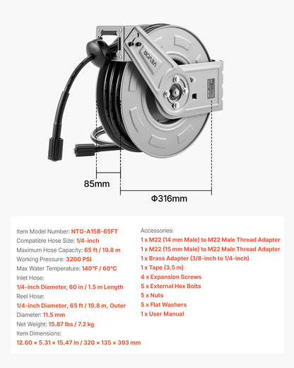 Högtryckstvättsslangvinda, 19,8 mx 6,4 mm indragbar kraftfull slangvinda i stål, 3200 PSI max, automatisk återupplindning, flexibel vägg-/golvmonterad för biltvätt, trädgård, golvrengöring
