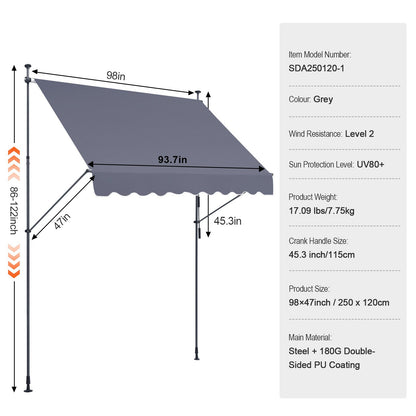 232 x 112 cm utdragbar markis, markis med manuell vev, solskydd för utomhusbruk, justerbar höjd från 226 till 360 cm, för uteplats/balkong/trädgård, mörkgrå