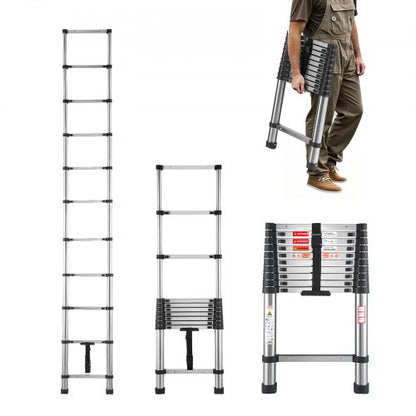 Teleskopstege, 3140 mm lätt förlängningsstege i rostfritt stål, hopfällbar stege med flera knappar, 150 kg kapacitet och halkfria fötter, bärbar stege med 11 steg för husbilsloft