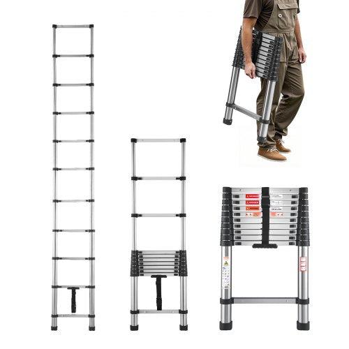 Teleskopstege, 3140 mm lätt förlängningsstege i rostfritt stål, hopfällbar stege med flera knappar, 150 kg kapacitet och halkfria fötter, bärbar stege med 11 steg för husbilsloft
