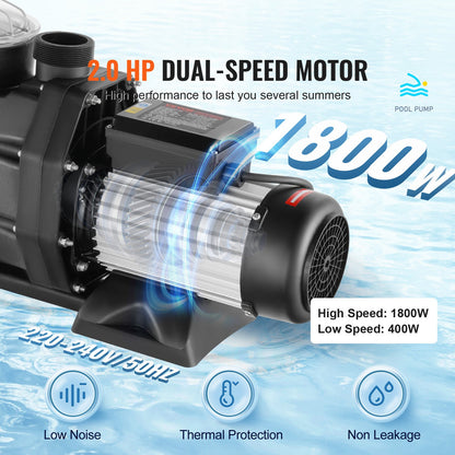1500 W (2 hk) ovanmarkspump för pool, 220V-240V, 1450/2860 varv/min. Pump med dubbla hastigheter, 1800W, 33000 l/h maxflöde, kraftfull pump, energibesparande poolpump för ovanmarkspool, CE-certifiering