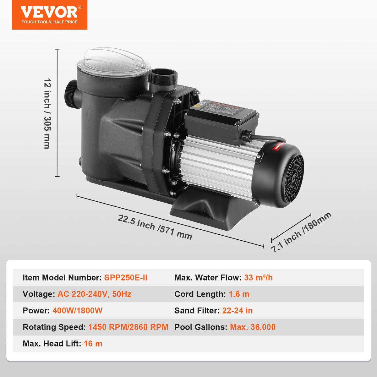 1500 W (2 hk) ovanmarkspump för pool, 220V-240V, 1450/2860 varv/min. Pump med dubbla hastigheter, 1800W, 33000 l/h maxflöde, kraftfull pump, energibesparande poolpump för ovanmarkspool, CE-certifiering