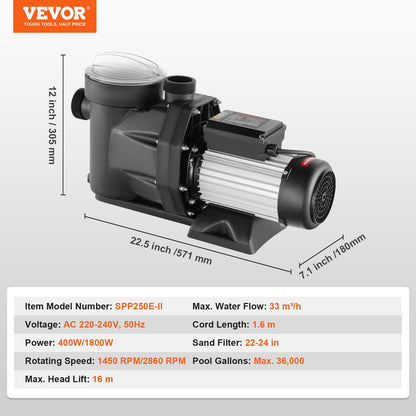 1500 W (2 hk) ovanmarkspump för pool, 220V-240V, 1450/2860 varv/min. Pump med dubbla hastigheter, 1800W, 33000 l/h maxflöde, kraftfull pump, energibesparande poolpump för ovanmarkspool, CE-certifiering