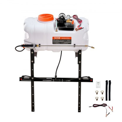 ATV-punktspruta, 60 l ATV/UTV-spridare med munstycke, 12 V pumpad ogrässpruta med vattentank, flödeshastighet på 1,9 GPM, justerbar 0-72 PSI, 20 fots slang, vit
