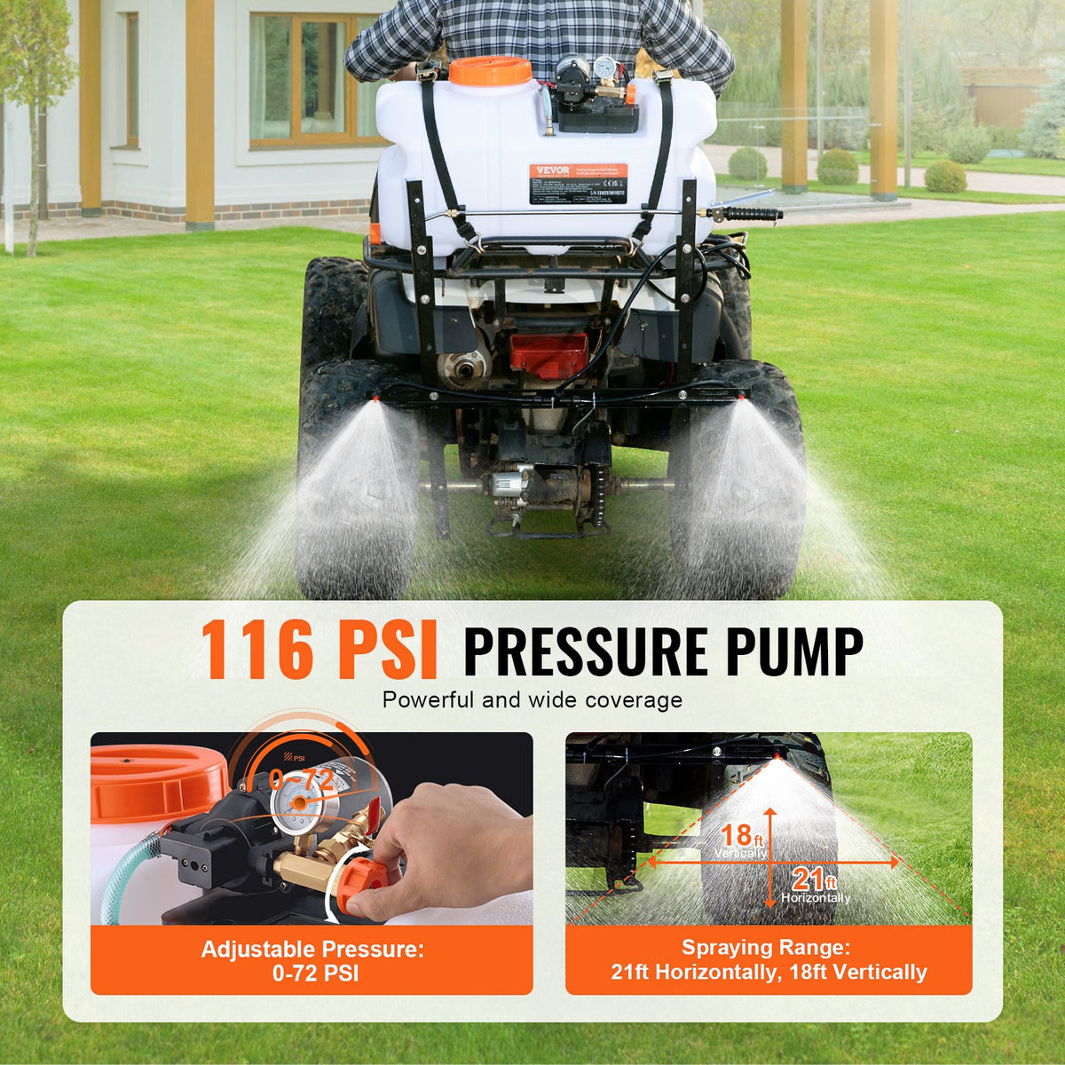 ATV-punktspruta, 60 l ATV/UTV-spridare med munstycke, 12 V pumpad ogrässpruta med vattentank, flödeshastighet på 1,9 GPM, justerbar 0-72 PSI, 20 fots slang, vit