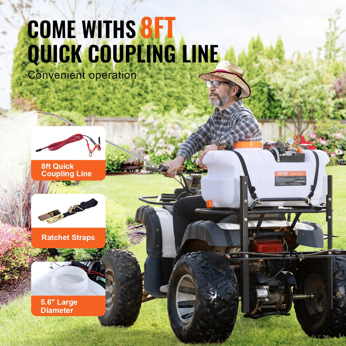 ATV-punktspruta, 60 l ATV/UTV-spridare med munstycke, 12 V pumpad ogrässpruta med vattentank, flödeshastighet på 1,9 GPM, justerbar 0-72 PSI, 20 fots slang, vit