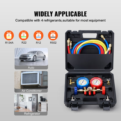 3-Way AC Diagnostic Manifold Gauge Set Fits for R134A, R22, R12, R502 Refrigerant, AC Gauge Set with 152 cm Hoses, Couplers, Can Tap for Car A/C System Automotive Air Conditioning Maintenance