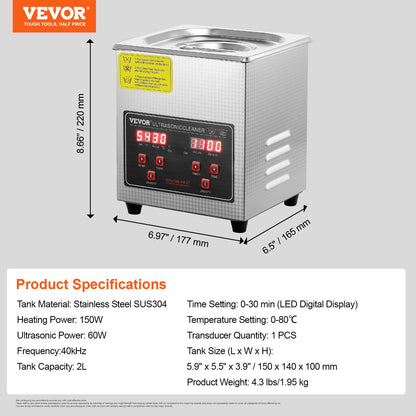 Ultrasonic Cleaner with Digital Timer & Heater, Professional Ultra Sonic Jewelry Cleaner, Stainless Steel Heated Cleaning Machine for Glasses Watch Rings Small Parts Circuit Board (2L)