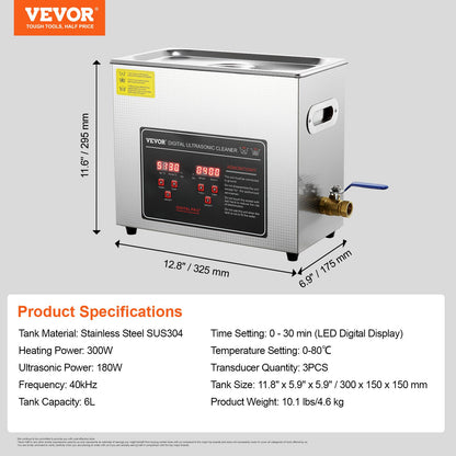 Ultrasonic Cleaner with Digital Timer & Heater, Professional Ultra Sonic Jewelry Cleaner, Stainless Steel Heated Cleaning Machine for Glasses Watch Rings Small Parts Circuit Board (6L)