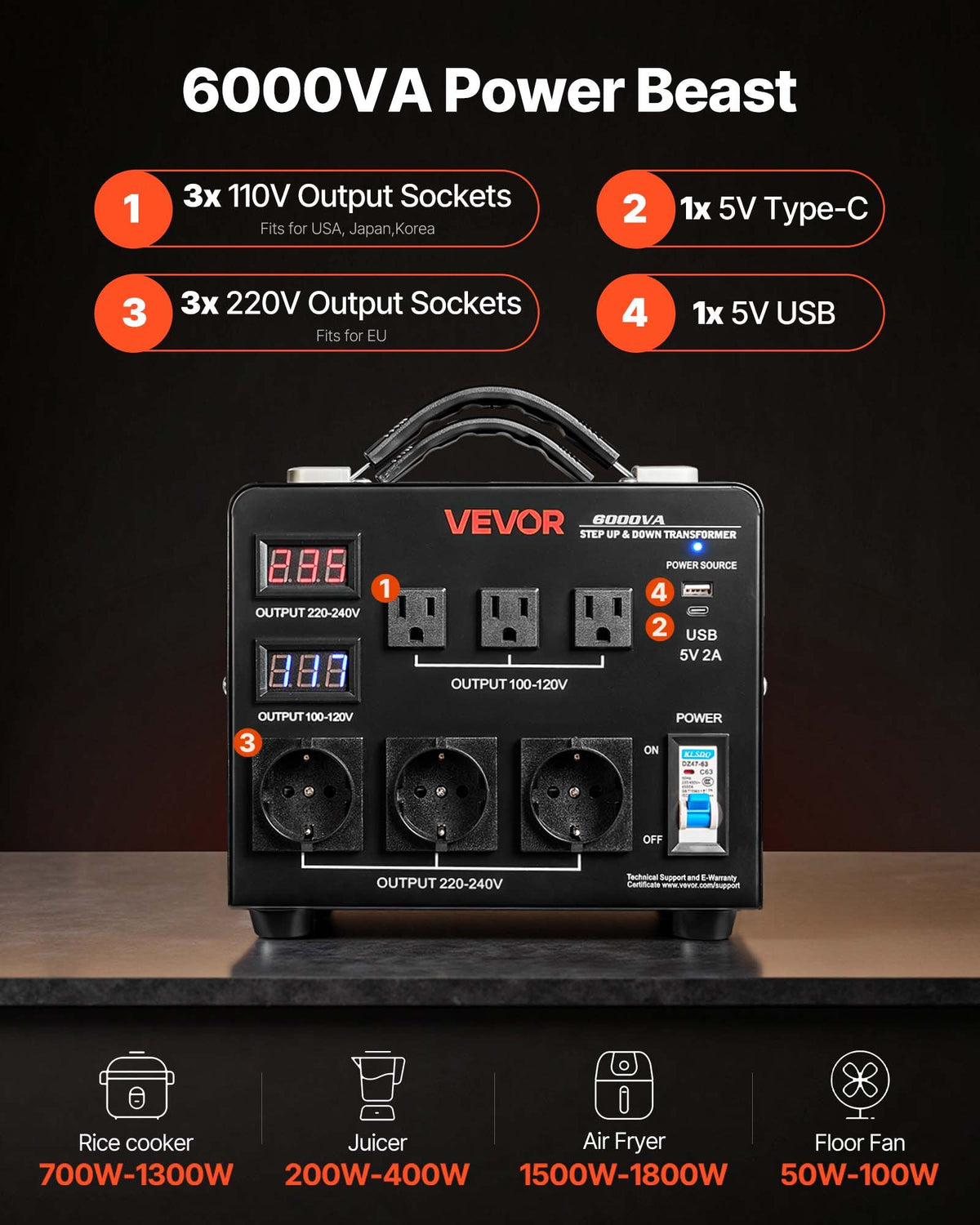 Spänningsomvandlare, 6000VA, kraftig upp-/nedtransformator, 110V till 220V och 220V till 110V, med 3 US-uttag, 3 EU-uttag, LCD-display, brytarskydd