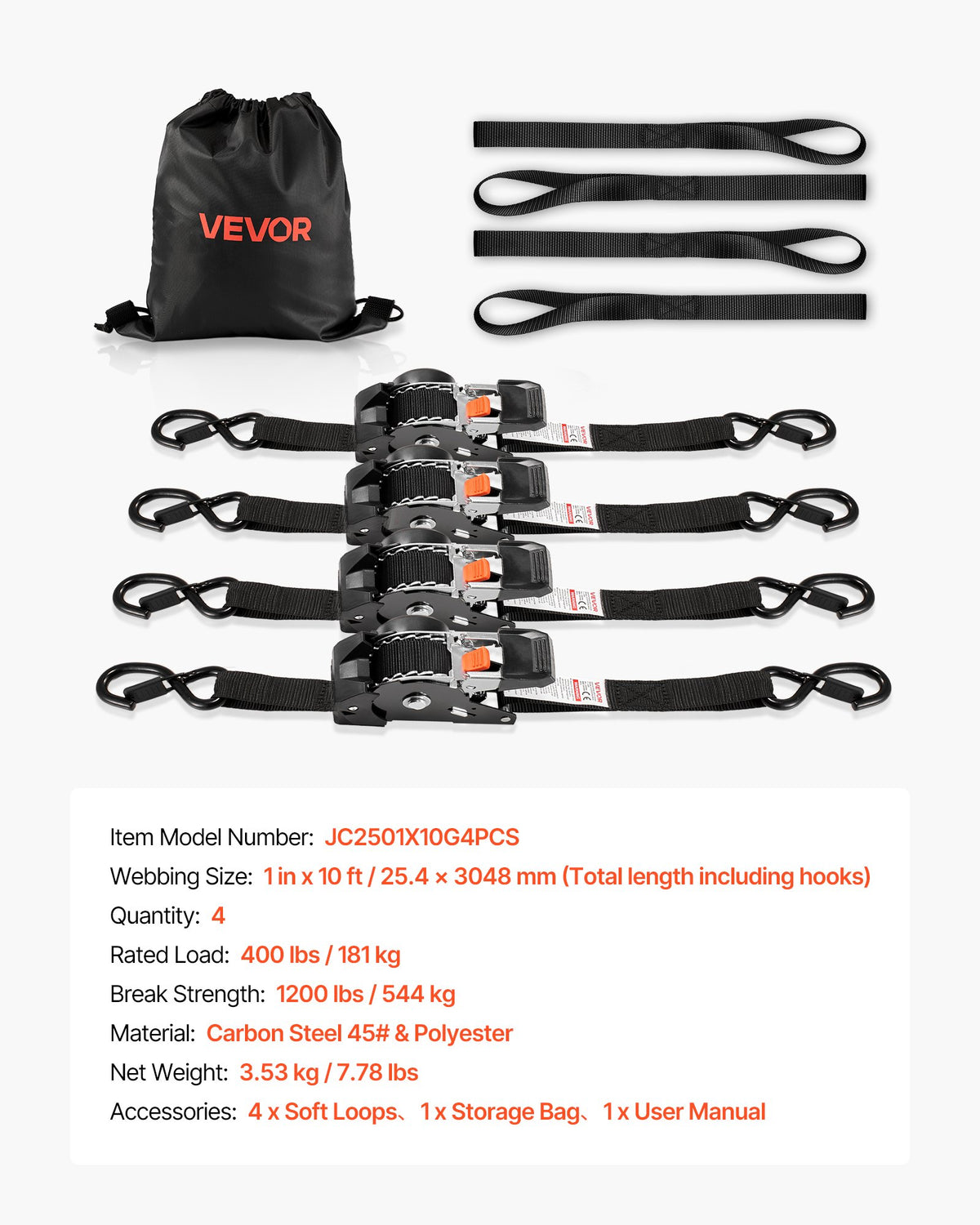 Retractable Ratchet Straps, 25.4 mm x 3 m, Tie Down Straps with S Hooks, 544 kg Break Strength, 4 Soft Loops, Tie Down Ratcheting for Moving, Trailers, Motorcycles, Kayaks, Car Roof, 4 Pack