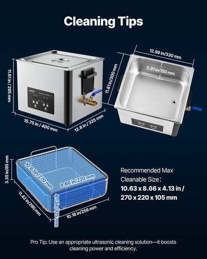 15L ultraljudsrengöring, professionell ultraljudsrengöringsmaskin med rengöringskorg och digital display, 240W rostfritt stål 40kHz industriell rengöringsmaskin för delar, förgasare, instrument