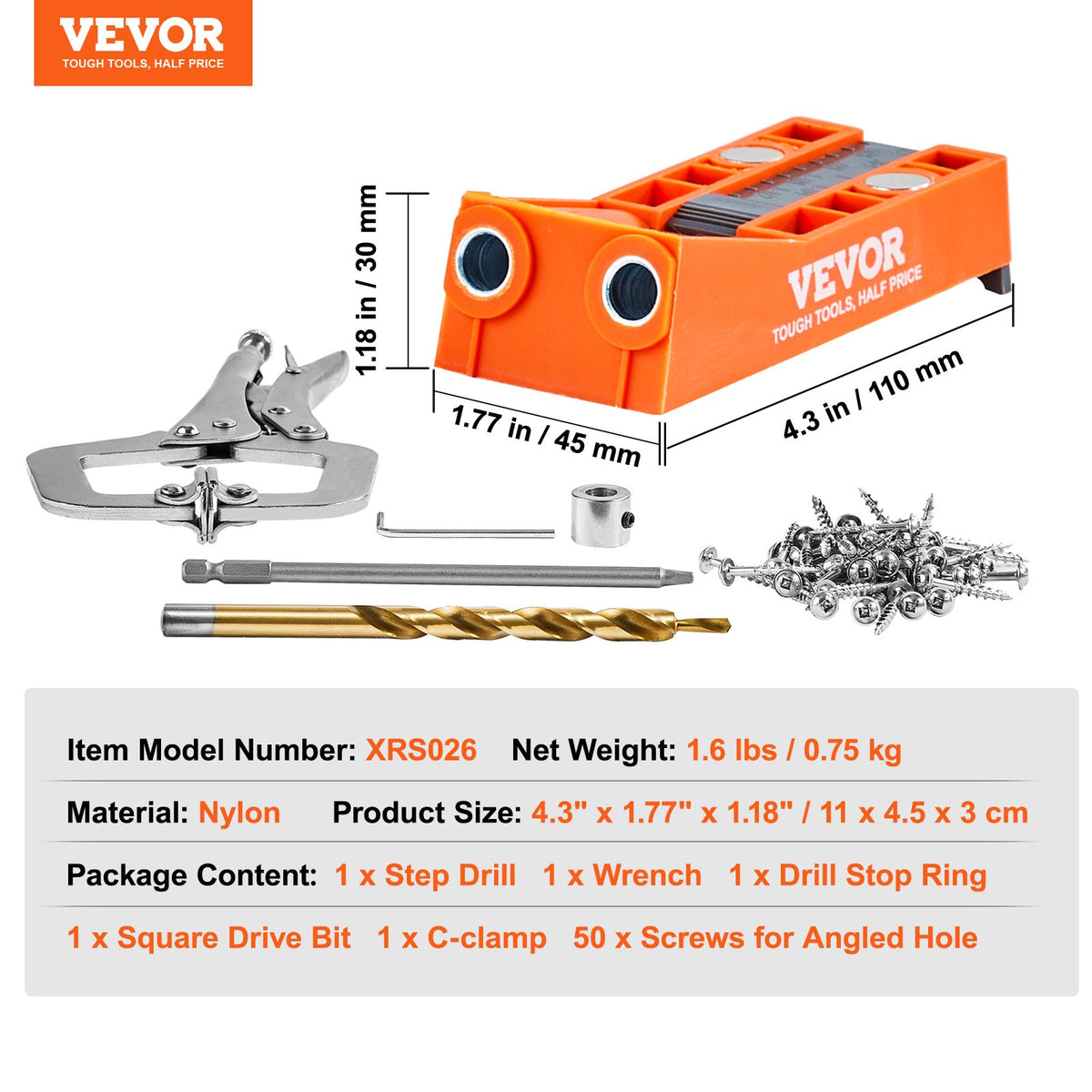 Pocket Hole Jig, 56 Pcs Mini Jig Pocket Hole System with 22.9 cm C-clamp, Step Drill, Wrench, Drill Stop Ring, Square Drive Bit, and Screws, for DIY Carpentry Projects