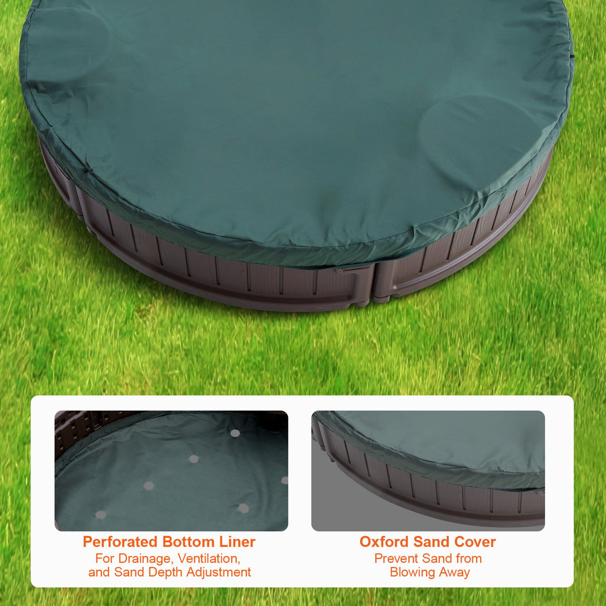 Sandlåda med lock, 72 x 41,5 x 9,1 tum oval sandlåda, HDPE-sandlåda med 4 hörnsittplatser och bottenfoder, barnsandlåda för utomhusträdgård, strand, park, present till pojkar och flickor i åldrarna 3-12, brun