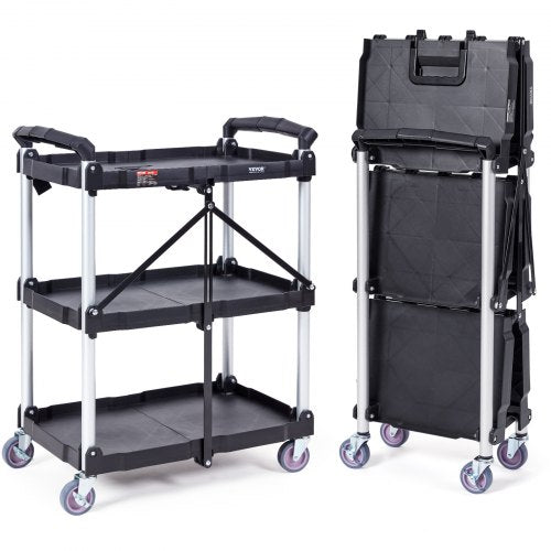 Hopfällbar verktygsvagn, 3 hyllor 74,8 kg kraftig plastvagn med låsbara hjul, ergonomiskt handtag, bärbar garageverktygsvagn för lager/kontor/hem (65,1x39,2x83,2 cm)
