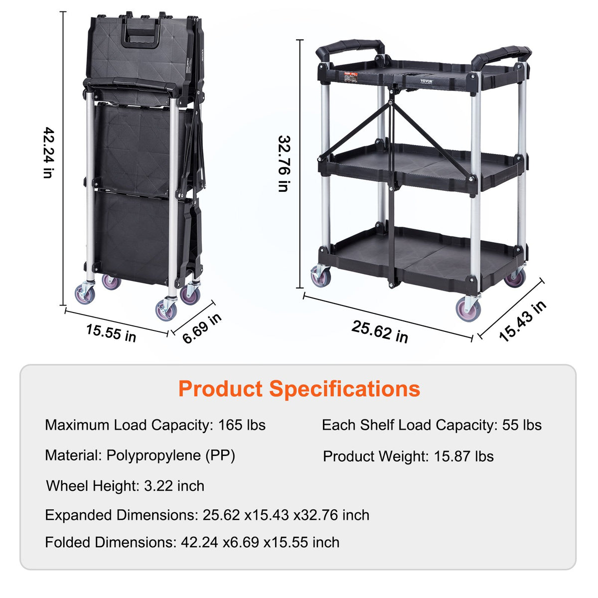Hopfällbar verktygsvagn, 3 hyllor 74,8 kg kraftig plastvagn med låsbara hjul, ergonomiskt handtag, bärbar garageverktygsvagn för lager/kontor/hem (65,1x39,2x83,2 cm)