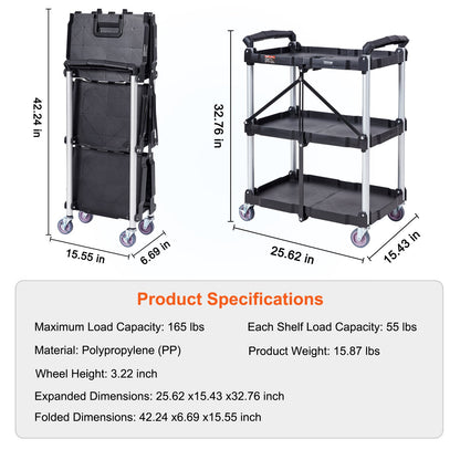 Hopfällbar verktygsvagn, 3 hyllor 74,8 kg kraftig plastvagn med låsbara hjul, ergonomiskt handtag, bärbar garageverktygsvagn för lager/kontor/hem (65,1x39,2x83,2 cm)