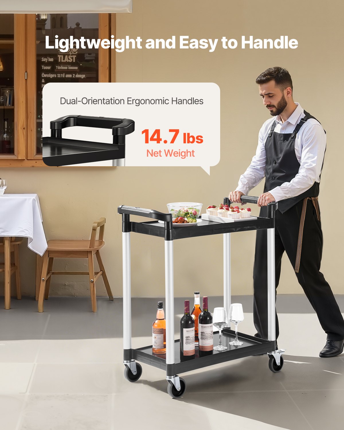 Verktygsvagn, 136 kg lastkapacitet, 2-vånings verktygsvagn i plast med 360° svängbara hjul (2 med bromsar), 61 x 41 cm livsmedelsvagn för lager, kontor, hem, restaurang, kök