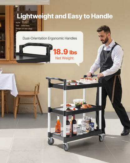 Verktygsvagn, 136 kg lastkapacitet, 3-vånings verktygsvagn i plast med 360° svängbara hjul (2 med bromsar), 61 x 41 cm livsmedelsvagn för lager, kontor, hem, restaurang, kök