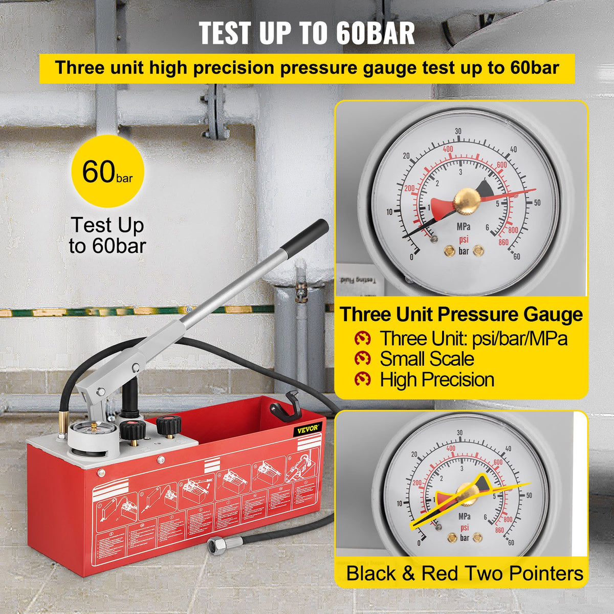 Hydrostatisk trycktestpump, test upp till 60 bar/860 psi, 12,1 l tank, hydrauliskt manuellt vattentryckstestare med tre-enhetsmätare och R 1,27 cm-anslutning för rörledningsvätsketrycktestning