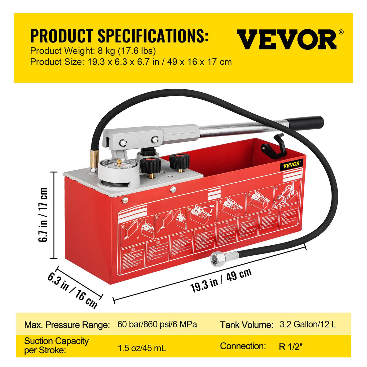 Hydrostatisk trycktestpump, test upp till 60 bar/860 psi, 12,1 l tank, hydrauliskt manuellt vattentryckstestare med tre-enhetsmätare och R 1,27 cm-anslutning för rörledningsvätsketrycktestning