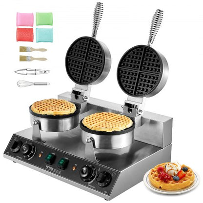 Kommersiell våffeljärn, rund våffeljärn med dubbla huvuden, 2460W non-stick belgiskt våffeljärn i rostfritt stål med temperatur- och tidskontroll, handtag, för restaurang, bageri, snackbarfamilj