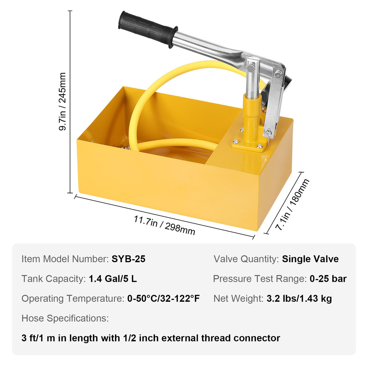 Hydrostatisk testpump, max 25 bar/362 PSI, hydraulisk manuell vattentrycksmätare med en ventil och mätare, 5 liters vattentank, 1 m slang med 1,27 cm utvändig gänga för rörledning