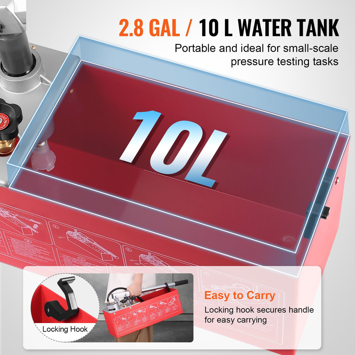 Hydrostatisk testpump, max 25 bar/362 PSI, hydraulisk manuell vattentrycksmätare med dubbla ventiler och mätare, 10 liters vattentank, 1,4 m slang med 1,27 cm utvändig gänga för rörledning