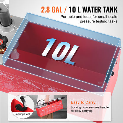 Hydrostatisk testpump, max 25 bar/362 PSI, hydraulisk manuell vattentrycksmätare med dubbla ventiler och mätare, 10 liters vattentank, 1,4 m slang med 1,27 cm utvändig gänga för rörledning