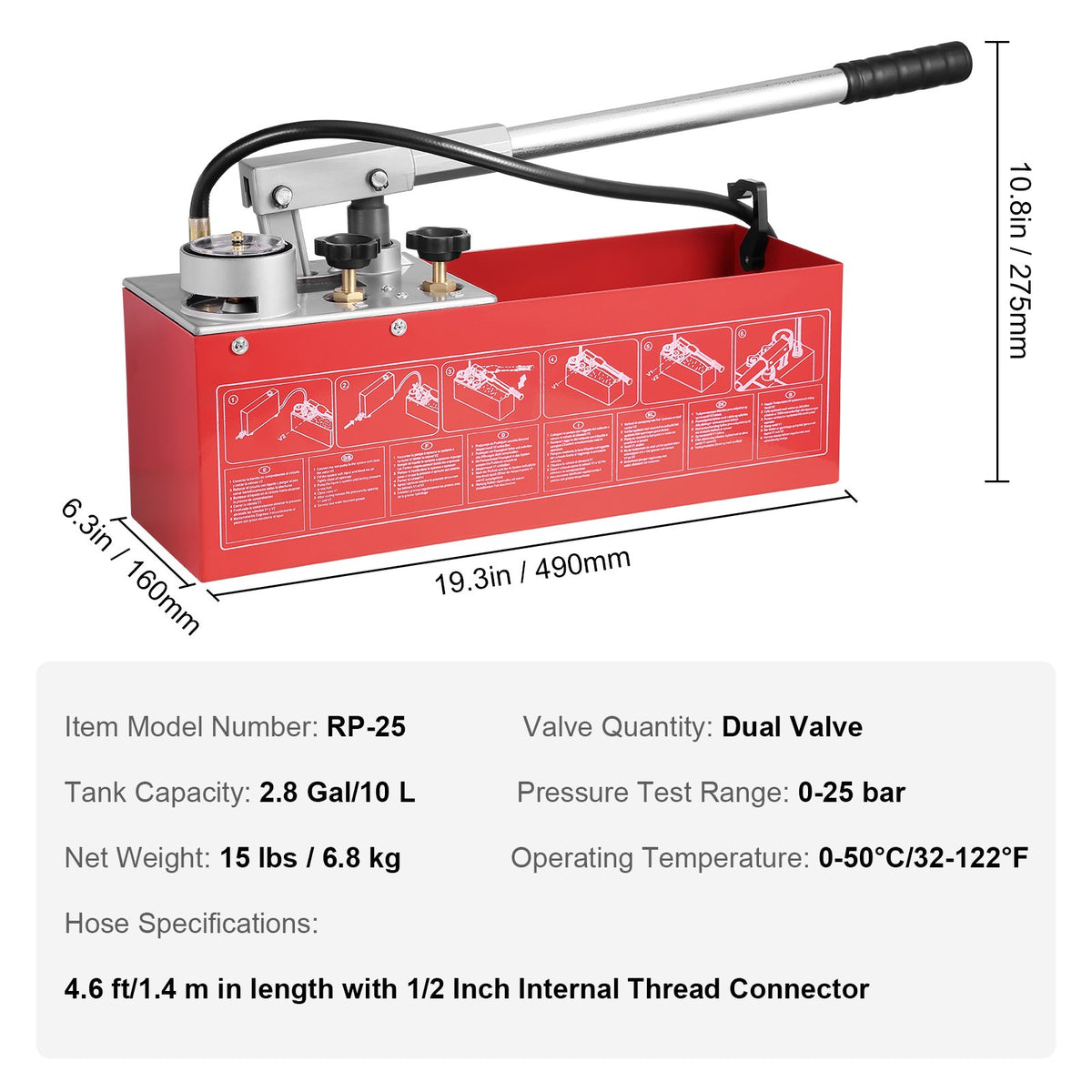 Hydrostatisk testpump, max 25 bar/362 PSI, hydraulisk manuell vattentrycksmätare med dubbla ventiler och mätare, 10 liters vattentank, 1,4 m slang med 1,27 cm utvändig gänga för rörledning