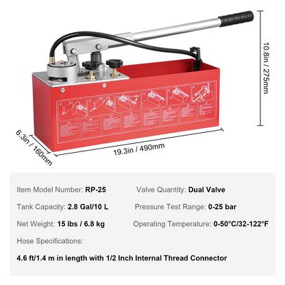 Hydrostatisk testpump, max 25 bar/362 PSI, hydraulisk manuell vattentrycksmätare med dubbla ventiler och mätare, 10 liters vattentank, 1,4 m slang med 1,27 cm utvändig gänga för rörledning