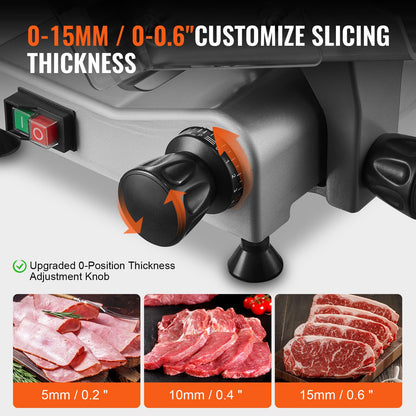 Köttskärare, 340W elektrisk delikatesskärare med 25,4 cm SUS420-blad i rostfritt stål och inbyggd slipsten, 0-0,6 tum justerbar tjocklek för kommersiellt och hemmabruk, skär kött och ost