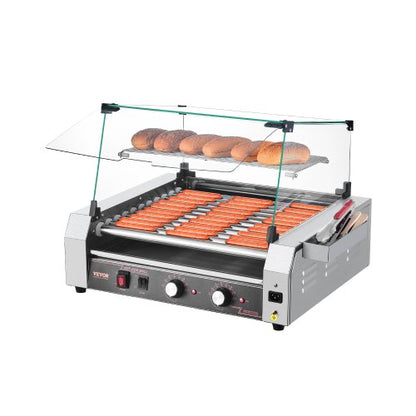 Varmkorvsrulle, 30 varmkorvar med 11 rullar, korvgrill i rostfritt stål, 2200W kommersiell varmkorvsmaskin med dubbel temperaturkontroll, lock, förvaringslåda på sidan, avtagbar hylla och oljedroppbricka