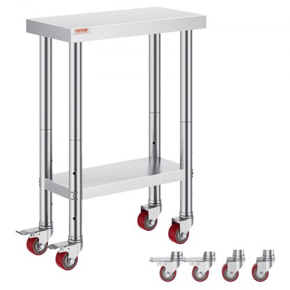 Rostfritt stål cateringbord 12x24 tums kommersiellt arbetsbord med 4 hjul kommersiell matlagningsarbetsbänk med flexibel justeringshylla för köksbord
