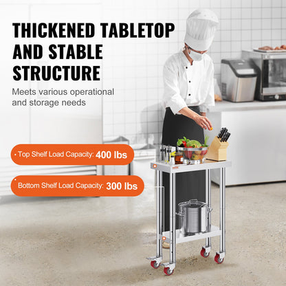 Rostfritt stål cateringbord 12x24 tums kommersiellt arbetsbord med 4 hjul kommersiell matlagningsarbetsbänk med flexibel justeringshylla för köksbord